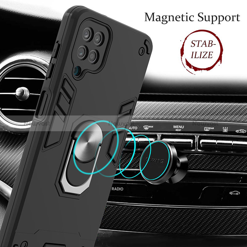 Silicone Matte Finish and Plastic Back Cover Case with Magnetic Finger Ring Stand Y01B for Samsung Galaxy A12 Nacho