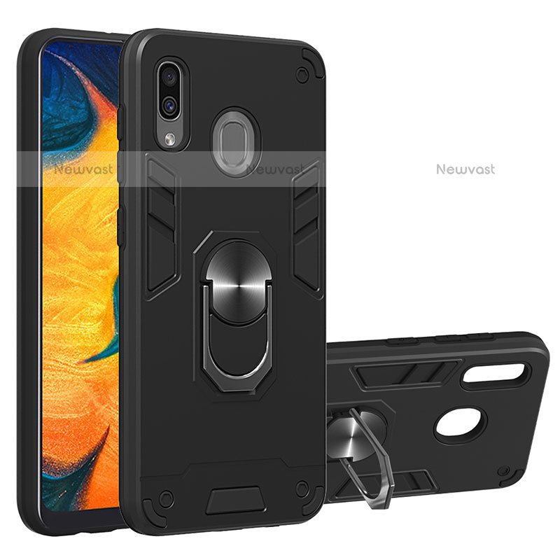 Silicone Matte Finish and Plastic Back Cover Case with Magnetic Finger Ring Stand Y01B for Samsung Galaxy A20 Black