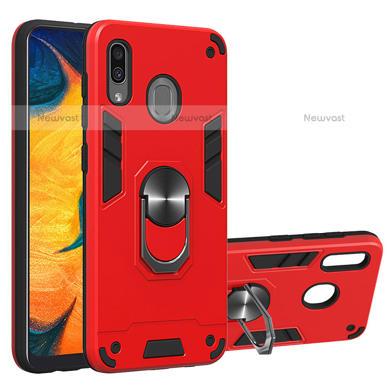 Silicone Matte Finish and Plastic Back Cover Case with Magnetic Finger Ring Stand Y01B for Samsung Galaxy A20 Red