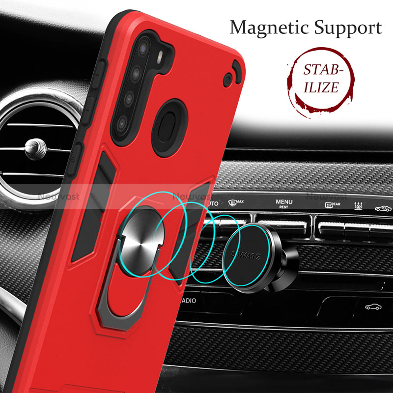 Silicone Matte Finish and Plastic Back Cover Case with Magnetic Finger Ring Stand Y01B for Samsung Galaxy A21