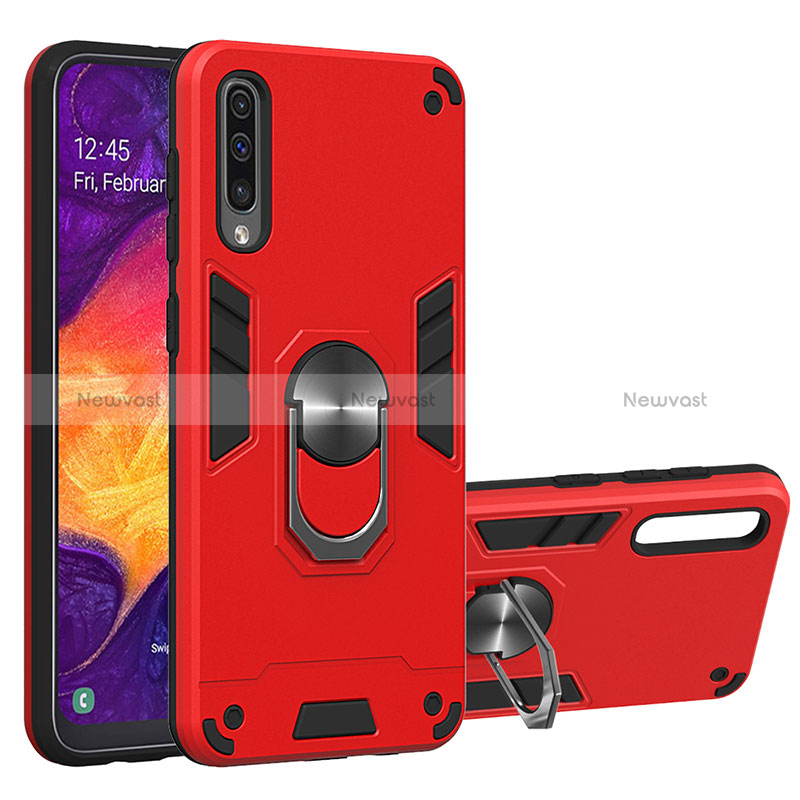 Silicone Matte Finish and Plastic Back Cover Case with Magnetic Finger Ring Stand Y01B for Samsung Galaxy A30S Red