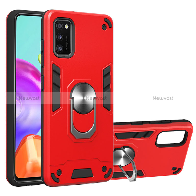 Silicone Matte Finish and Plastic Back Cover Case with Magnetic Finger Ring Stand Y01B for Samsung Galaxy A41 Red