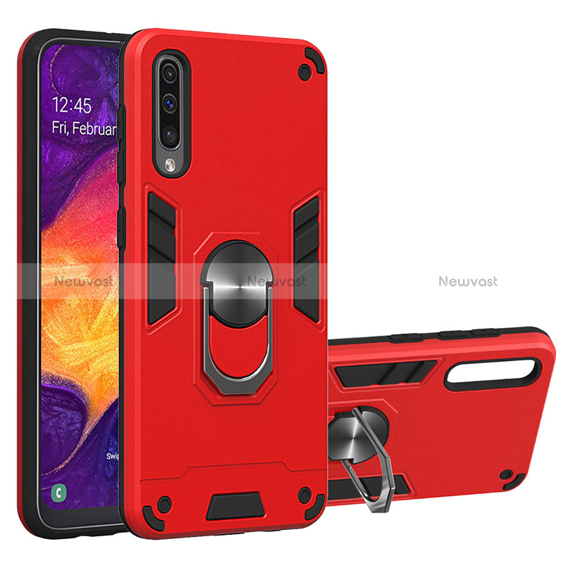Silicone Matte Finish and Plastic Back Cover Case with Magnetic Finger Ring Stand Y01B for Samsung Galaxy A50