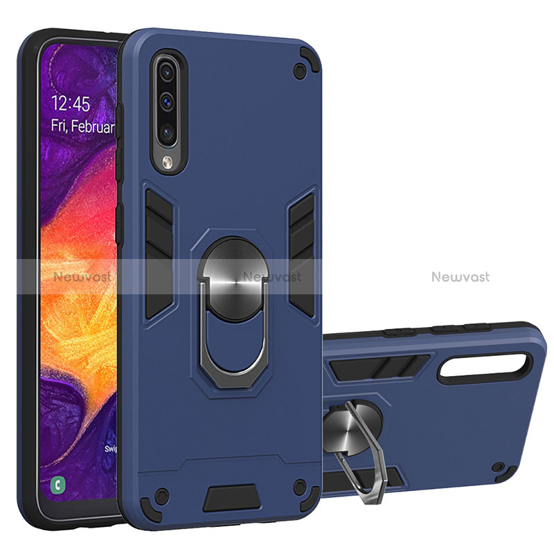 Silicone Matte Finish and Plastic Back Cover Case with Magnetic Finger Ring Stand Y01B for Samsung Galaxy A50 Blue