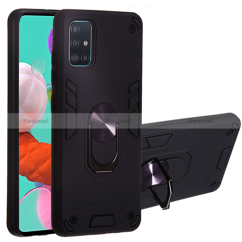 Silicone Matte Finish and Plastic Back Cover Case with Magnetic Finger Ring Stand Y01B for Samsung Galaxy A51 5G Black