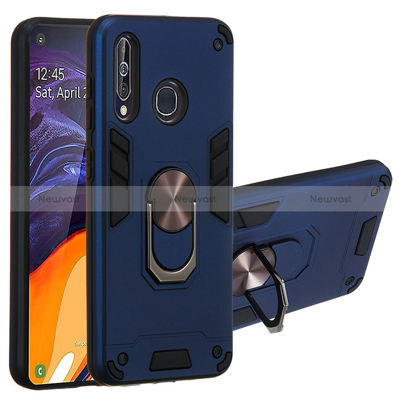 Silicone Matte Finish and Plastic Back Cover Case with Magnetic Finger Ring Stand Y01B for Samsung Galaxy A60