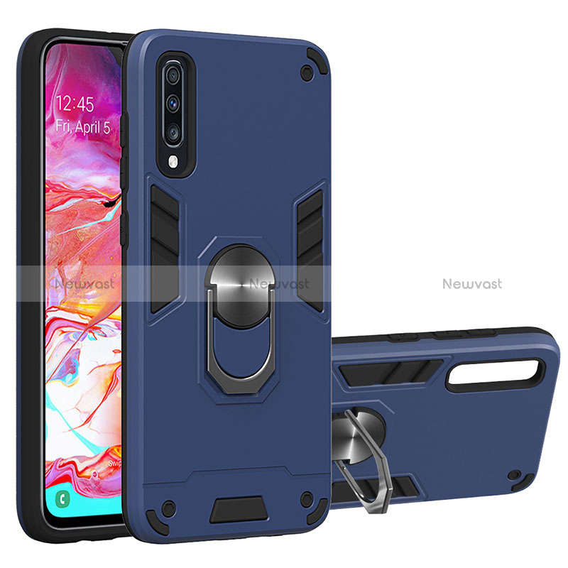 Silicone Matte Finish and Plastic Back Cover Case with Magnetic Finger Ring Stand Y01B for Samsung Galaxy A70S Blue
