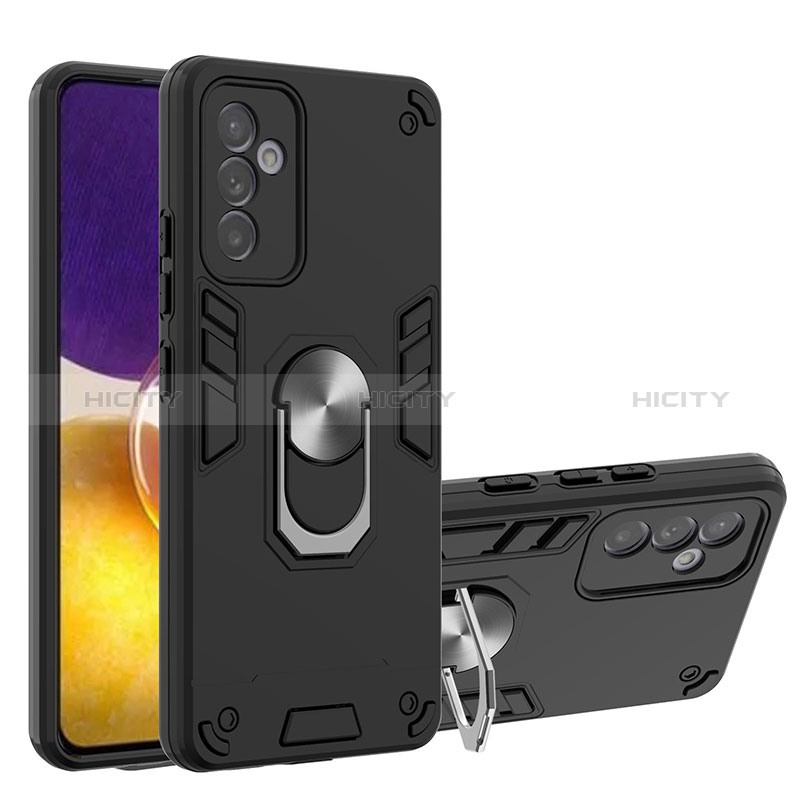 Silicone Matte Finish and Plastic Back Cover Case with Magnetic Finger Ring Stand Y01B for Samsung Galaxy A82 5G Black
