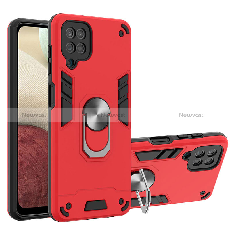 Silicone Matte Finish and Plastic Back Cover Case with Magnetic Finger Ring Stand Y01B for Samsung Galaxy M12 Red