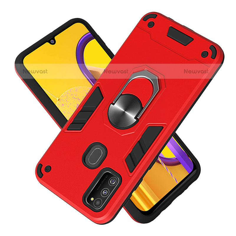 Silicone Matte Finish and Plastic Back Cover Case with Magnetic Finger Ring Stand Y01B for Samsung Galaxy M21