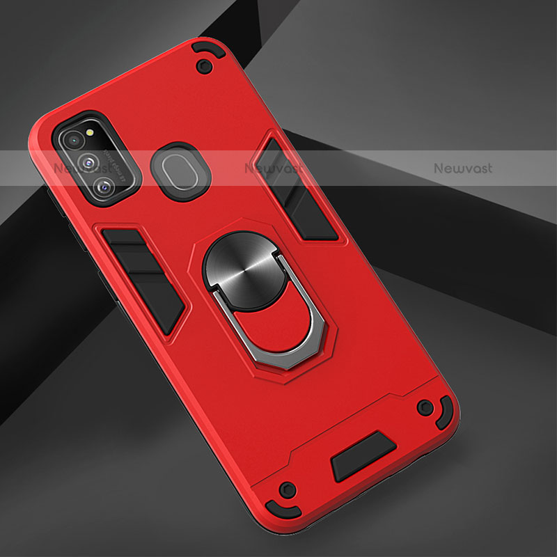 Silicone Matte Finish and Plastic Back Cover Case with Magnetic Finger Ring Stand Y01B for Samsung Galaxy M21