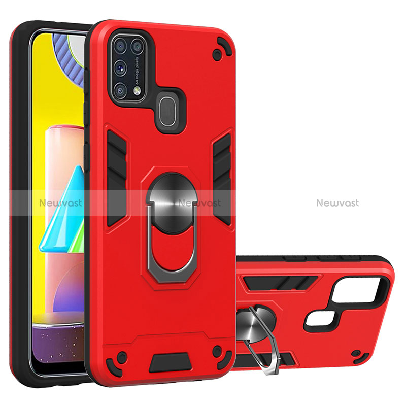 Silicone Matte Finish and Plastic Back Cover Case with Magnetic Finger Ring Stand Y01B for Samsung Galaxy M21s Red