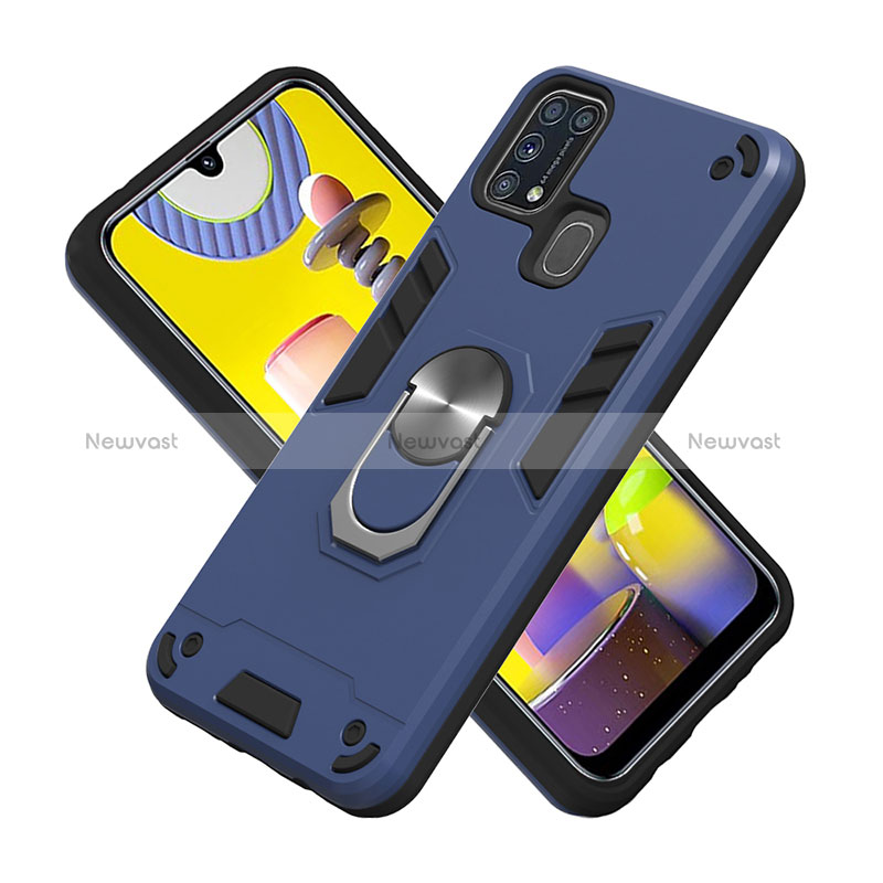 Silicone Matte Finish and Plastic Back Cover Case with Magnetic Finger Ring Stand Y01B for Samsung Galaxy M31 Prime Edition