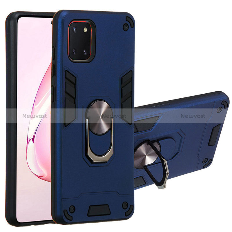 Silicone Matte Finish and Plastic Back Cover Case with Magnetic Finger Ring Stand Y01B for Samsung Galaxy M60s Blue