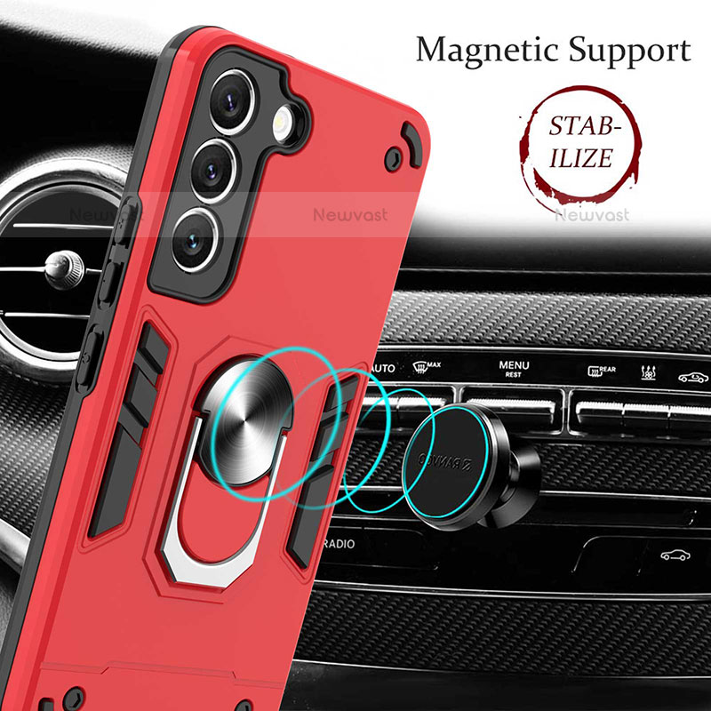 Silicone Matte Finish and Plastic Back Cover Case with Magnetic Finger Ring Stand Y01B for Samsung Galaxy S21 FE 5G