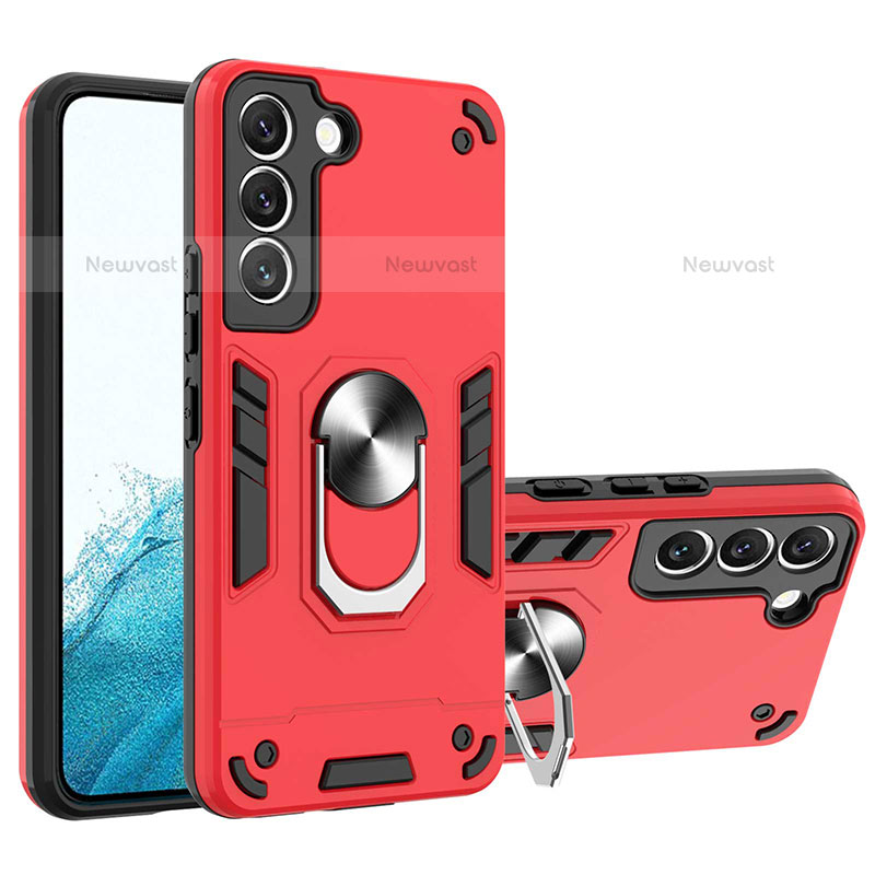 Silicone Matte Finish and Plastic Back Cover Case with Magnetic Finger Ring Stand Y01B for Samsung Galaxy S21 Plus 5G Red