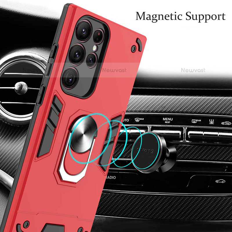 Silicone Matte Finish and Plastic Back Cover Case with Magnetic Finger Ring Stand Y01B for Samsung Galaxy S22 Ultra 5G