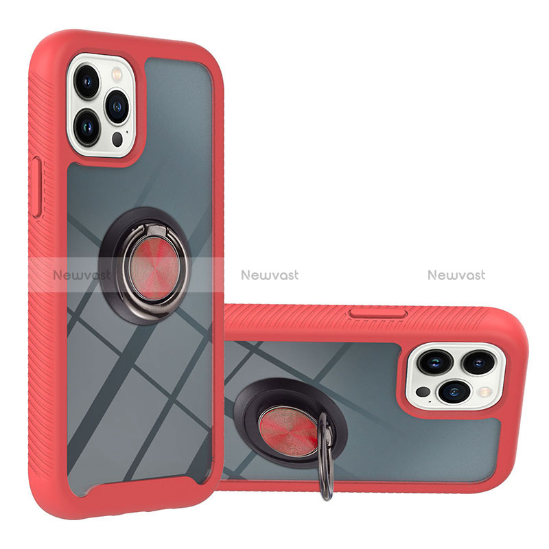 Silicone Matte Finish and Plastic Back Cover Case with Magnetic Finger Ring Stand YB1 for Apple iPhone 13 Pro Max Red