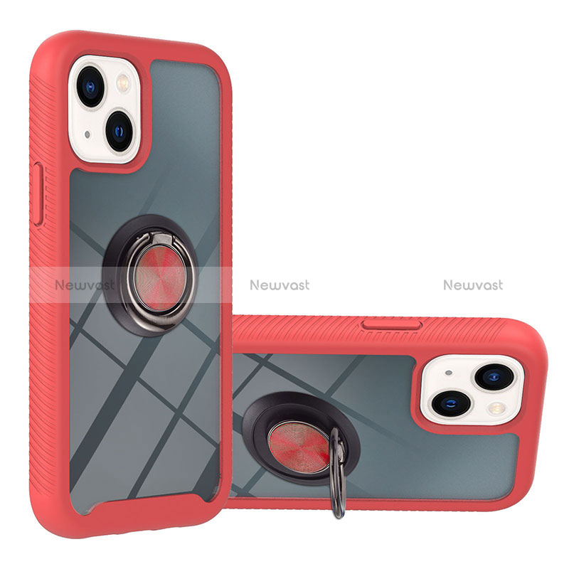 Silicone Matte Finish and Plastic Back Cover Case with Magnetic Finger Ring Stand YB1 for Apple iPhone 14 Plus Red