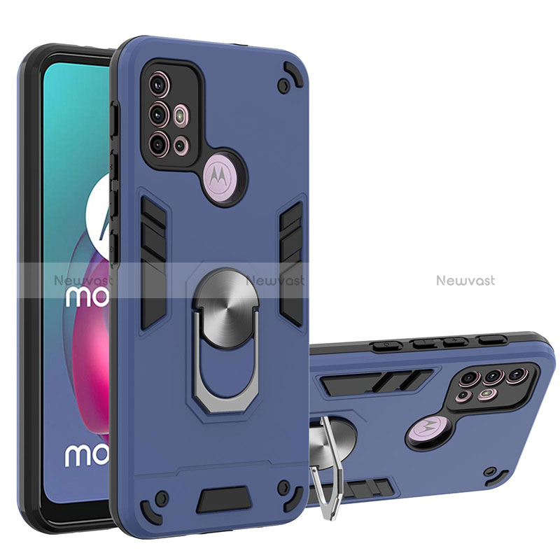 Silicone Matte Finish and Plastic Back Cover Case with Magnetic Finger Ring Stand YB1 for Motorola Moto G10 Blue