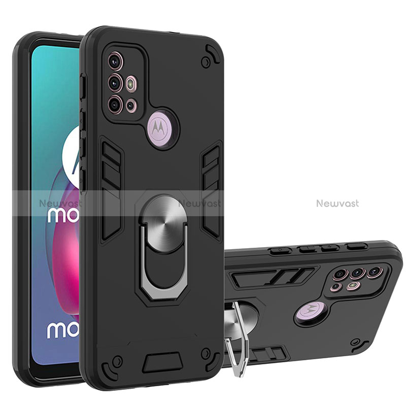 Silicone Matte Finish and Plastic Back Cover Case with Magnetic Finger Ring Stand YB1 for Motorola Moto G20