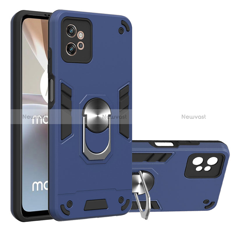 Silicone Matte Finish and Plastic Back Cover Case with Magnetic Finger Ring Stand YB1 for Motorola Moto G32