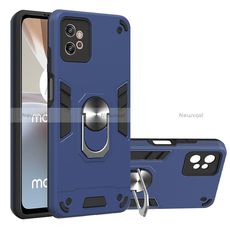 Silicone Matte Finish and Plastic Back Cover Case with Magnetic Finger Ring Stand YB1 for Motorola Moto G32 Blue