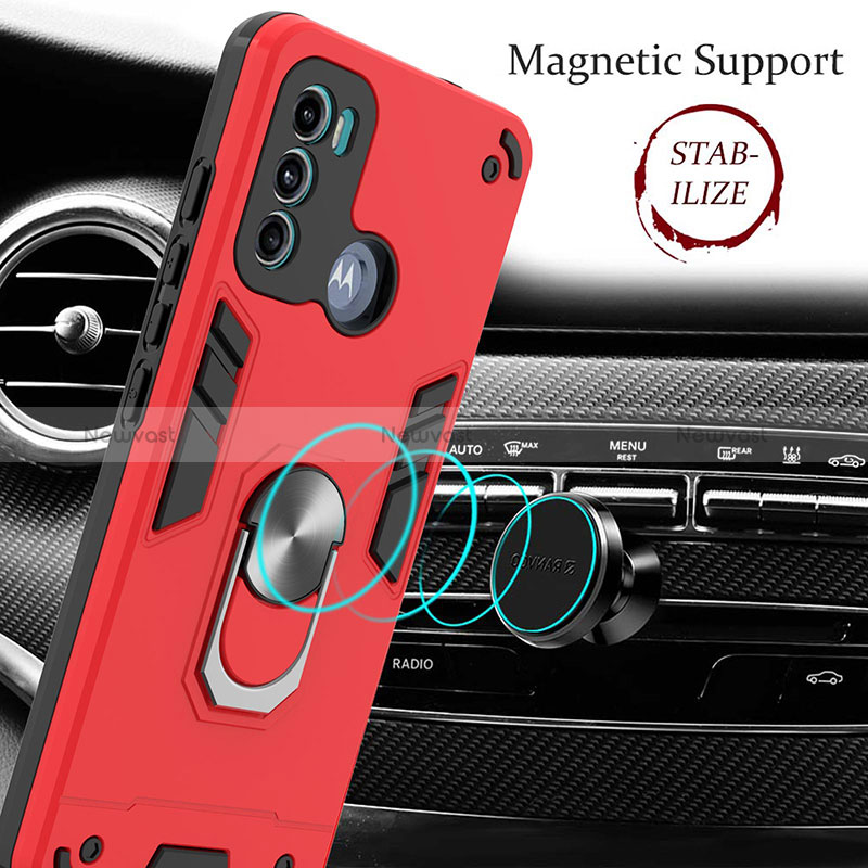 Silicone Matte Finish and Plastic Back Cover Case with Magnetic Finger Ring Stand YB1 for Motorola Moto G60