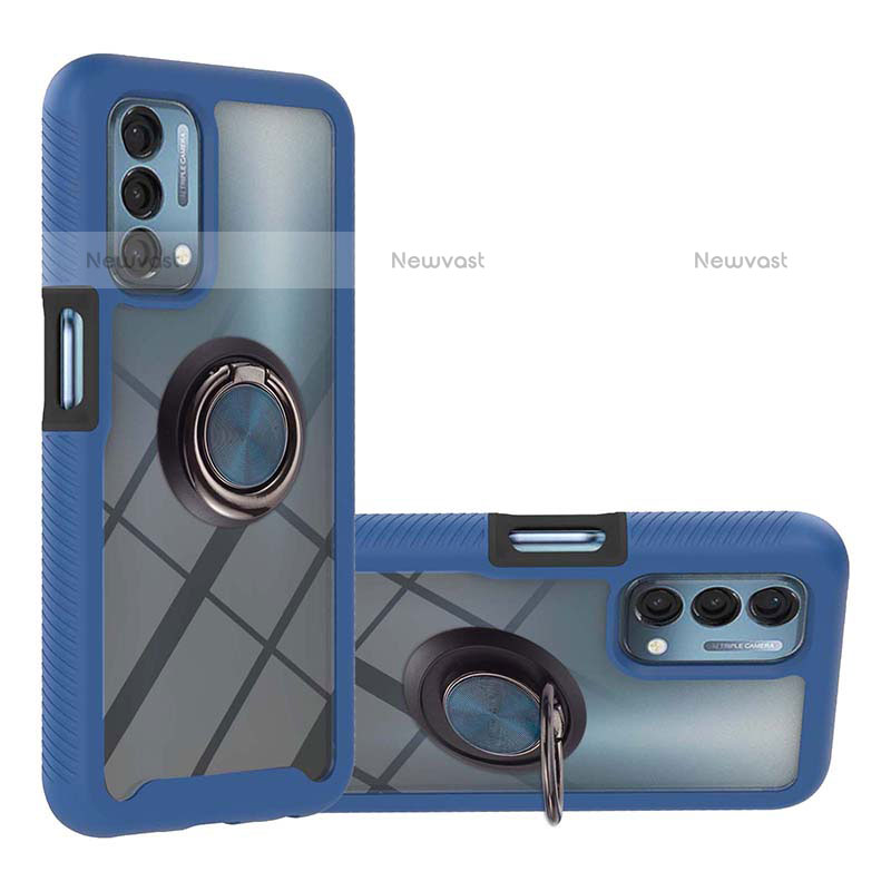 Silicone Matte Finish and Plastic Back Cover Case with Magnetic Finger Ring Stand YB1 for OnePlus Nord N200 5G Blue