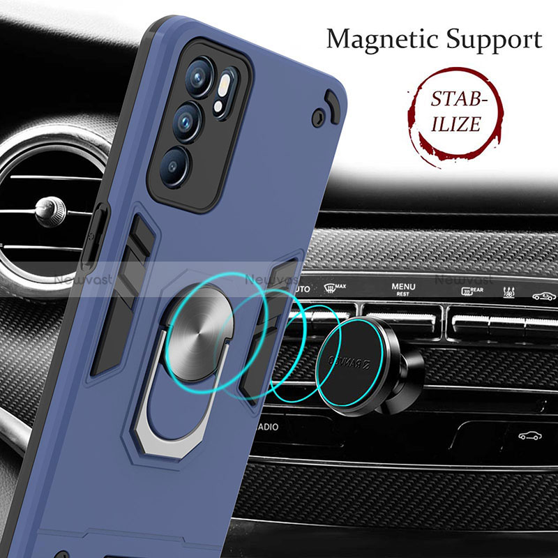 Silicone Matte Finish and Plastic Back Cover Case with Magnetic Finger Ring Stand YB1 for Oppo Reno6 5G