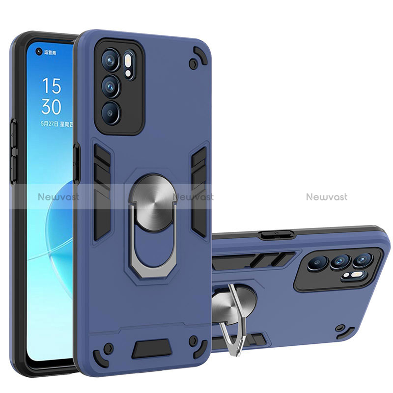 Silicone Matte Finish and Plastic Back Cover Case with Magnetic Finger Ring Stand YB1 for Oppo Reno6 5G Blue