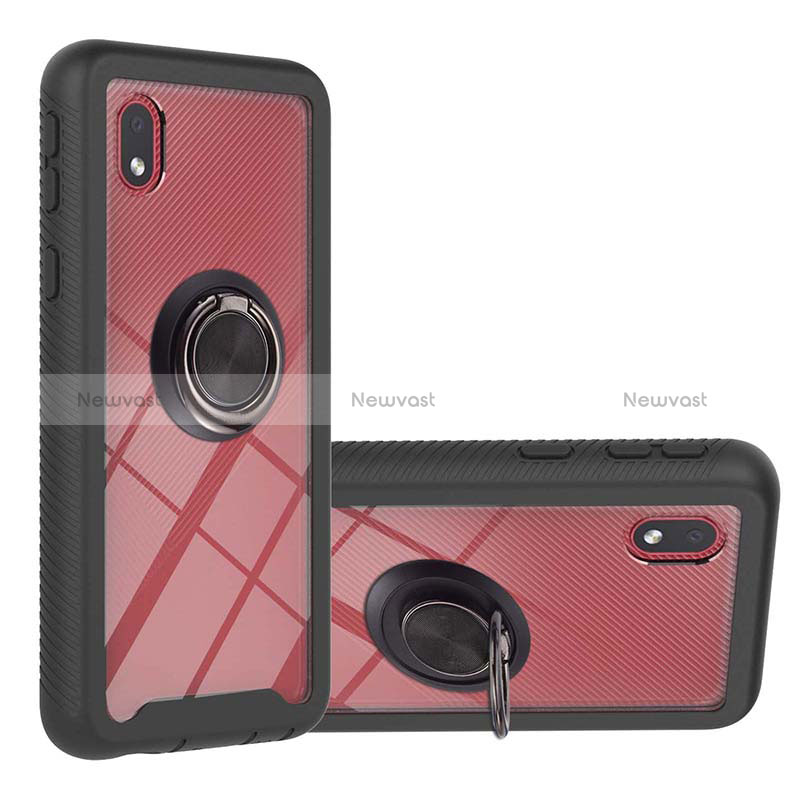 Silicone Matte Finish and Plastic Back Cover Case with Magnetic Finger Ring Stand YB1 for Samsung Galaxy A01 Core Black