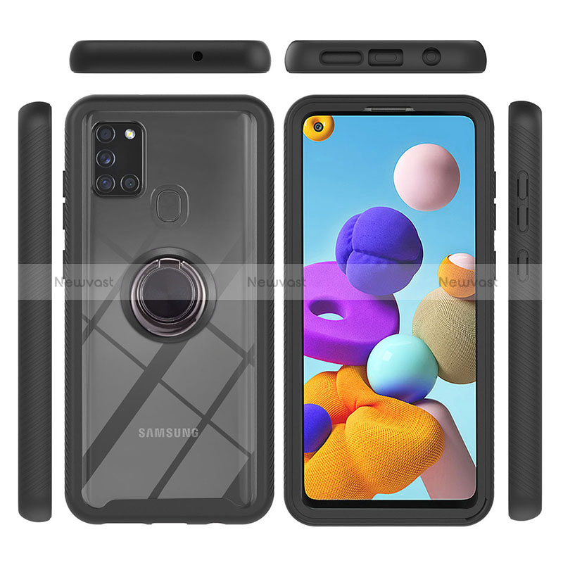Silicone Matte Finish and Plastic Back Cover Case with Magnetic Finger Ring Stand YB1 for Samsung Galaxy A21s