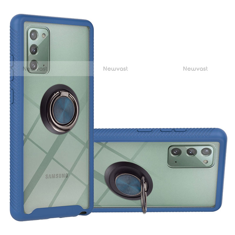 Silicone Matte Finish and Plastic Back Cover Case with Magnetic Finger Ring Stand YB1 for Samsung Galaxy Note 20 5G Blue