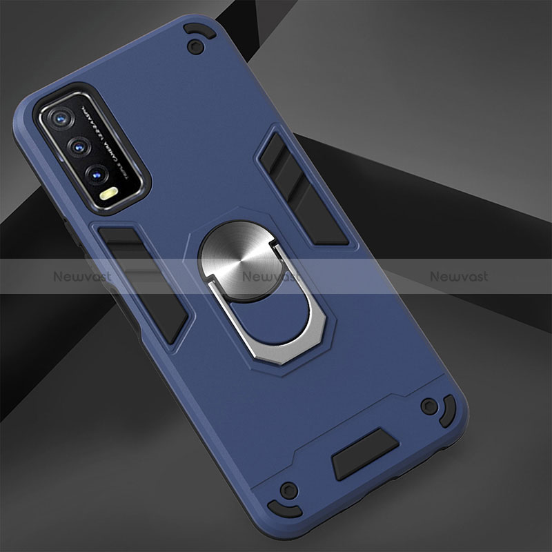 Silicone Matte Finish and Plastic Back Cover Case with Magnetic Finger Ring Stand YB1 for Vivo Y30