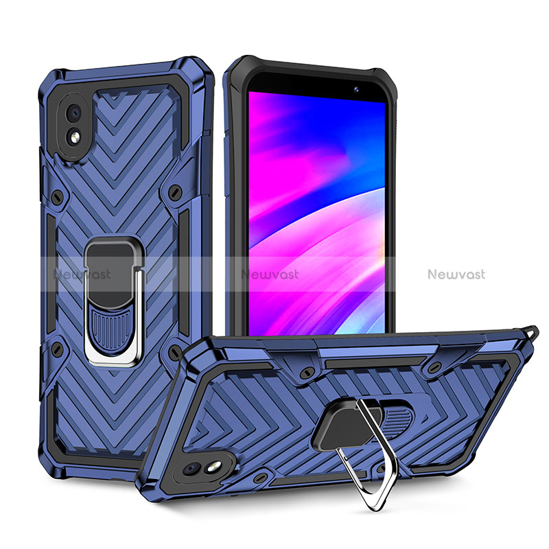 Silicone Matte Finish and Plastic Back Cover Case with Magnetic Finger Ring Stand YF1 for Samsung Galaxy A01 Core Blue