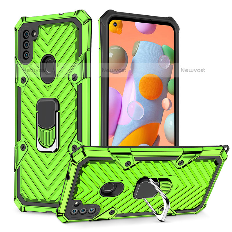 Silicone Matte Finish and Plastic Back Cover Case with Magnetic Finger Ring Stand YF1 for Samsung Galaxy A11