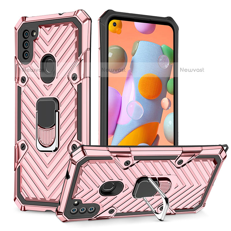 Silicone Matte Finish and Plastic Back Cover Case with Magnetic Finger Ring Stand YF1 for Samsung Galaxy A11