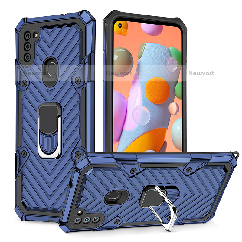 Silicone Matte Finish and Plastic Back Cover Case with Magnetic Finger Ring Stand YF1 for Samsung Galaxy A11 Blue