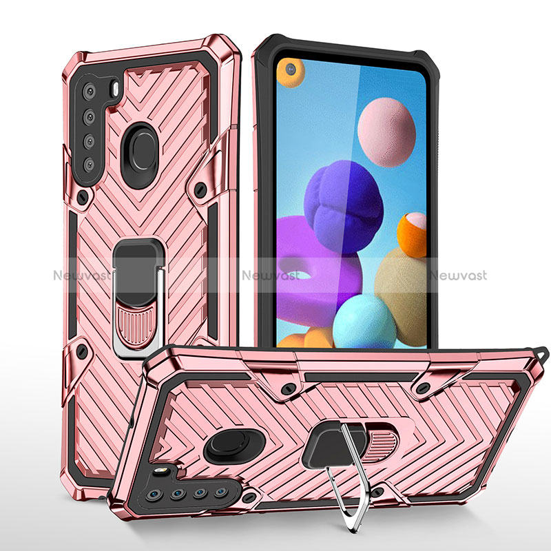 Silicone Matte Finish and Plastic Back Cover Case with Magnetic Finger Ring Stand YF1 for Samsung Galaxy A21