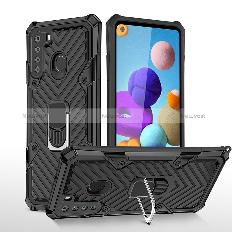 Silicone Matte Finish and Plastic Back Cover Case with Magnetic Finger Ring Stand YF1 for Samsung Galaxy A21 Black
