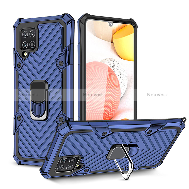Silicone Matte Finish and Plastic Back Cover Case with Magnetic Finger Ring Stand YF1 for Samsung Galaxy A42 5G Blue