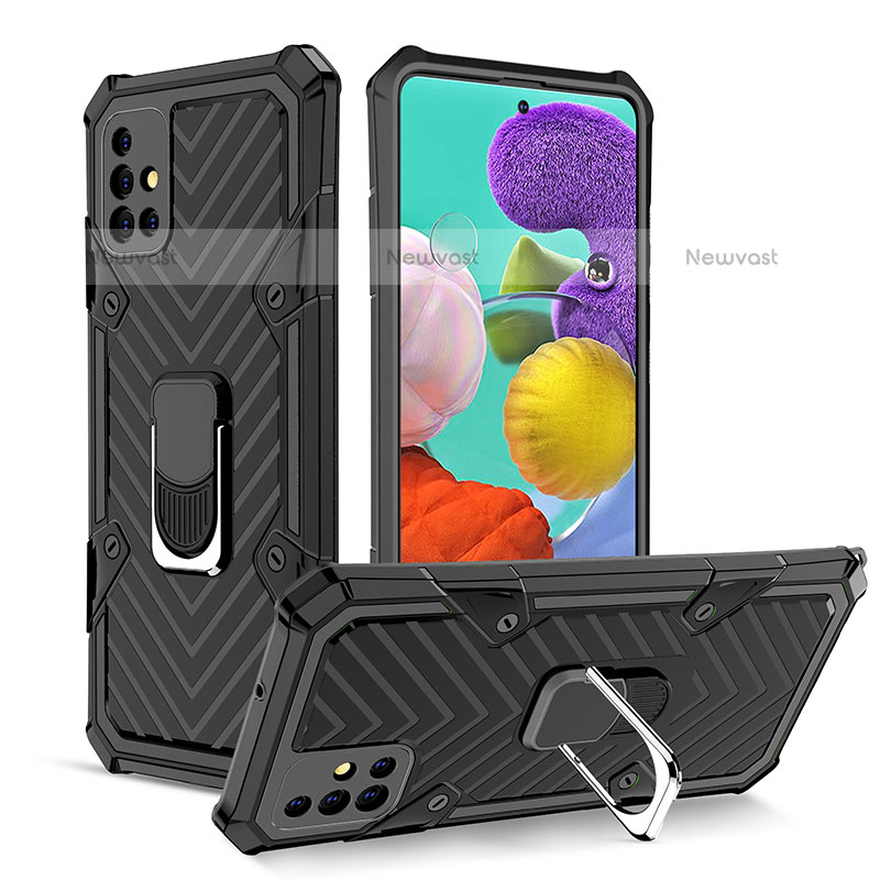 Silicone Matte Finish and Plastic Back Cover Case with Magnetic Finger Ring Stand YF1 for Samsung Galaxy A51 4G Black