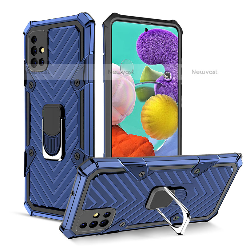 Silicone Matte Finish and Plastic Back Cover Case with Magnetic Finger Ring Stand YF1 for Samsung Galaxy A51 4G Blue