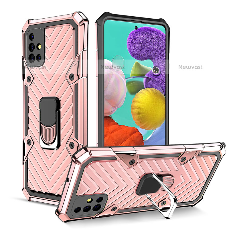 Silicone Matte Finish and Plastic Back Cover Case with Magnetic Finger Ring Stand YF1 for Samsung Galaxy A51 4G Rose Gold