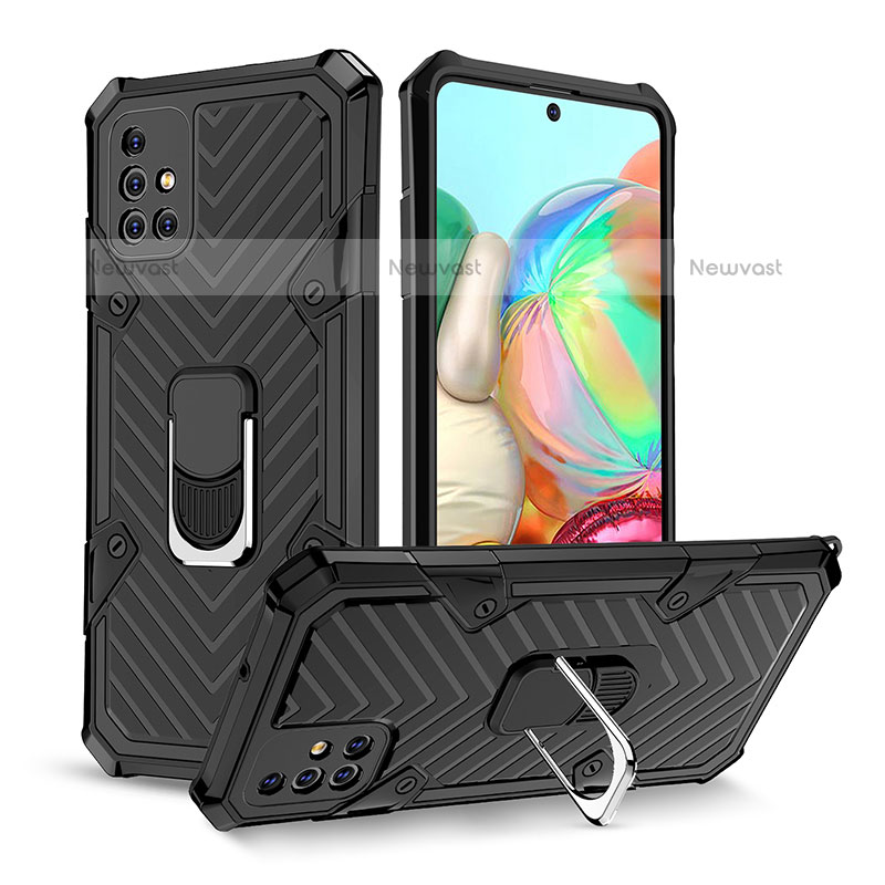 Silicone Matte Finish and Plastic Back Cover Case with Magnetic Finger Ring Stand YF1 for Samsung Galaxy A71 4G A715 Black
