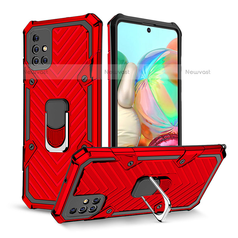 Silicone Matte Finish and Plastic Back Cover Case with Magnetic Finger Ring Stand YF1 for Samsung Galaxy A71 4G A715 Red