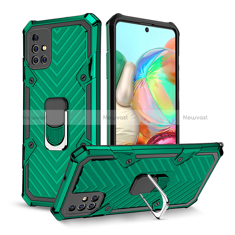 Silicone Matte Finish and Plastic Back Cover Case with Magnetic Finger Ring Stand YF1 for Samsung Galaxy A71 5G Green