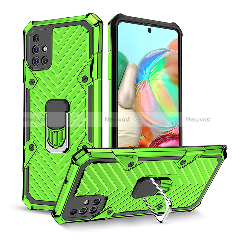 Silicone Matte Finish and Plastic Back Cover Case with Magnetic Finger Ring Stand YF1 for Samsung Galaxy A71 5G Matcha Green