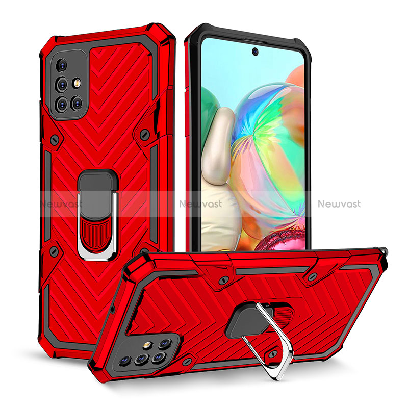 Silicone Matte Finish and Plastic Back Cover Case with Magnetic Finger Ring Stand YF1 for Samsung Galaxy A71 5G Red